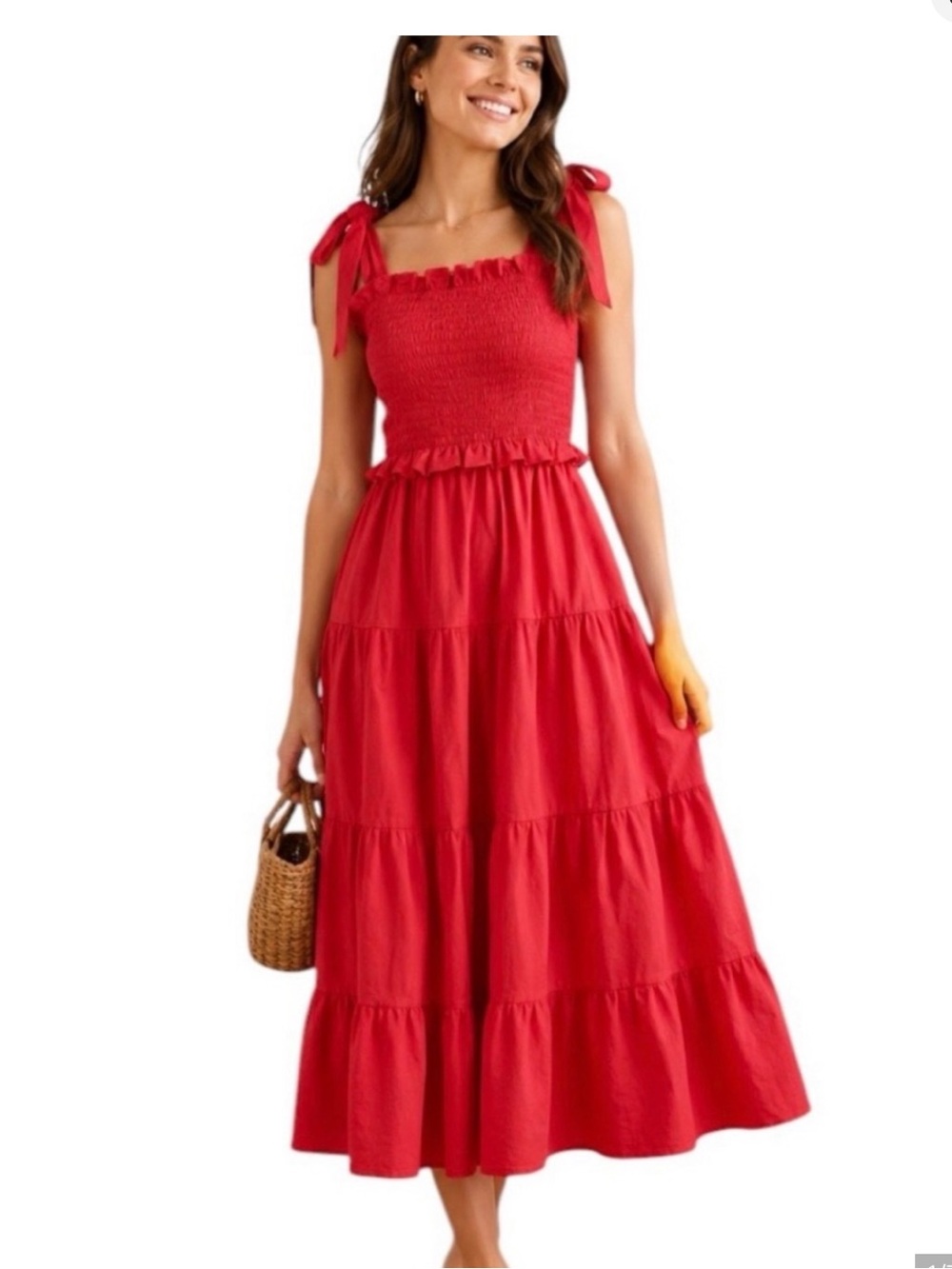 Tuckernuck Alannah Smocked Bodice Bow Tie Strap Dress in Poppy Red Large